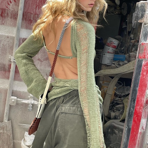 Boho Sexy Knit Mini Dress In Natural Fibers With Shred Detailing |Lena Vie - Picture 9 of 13